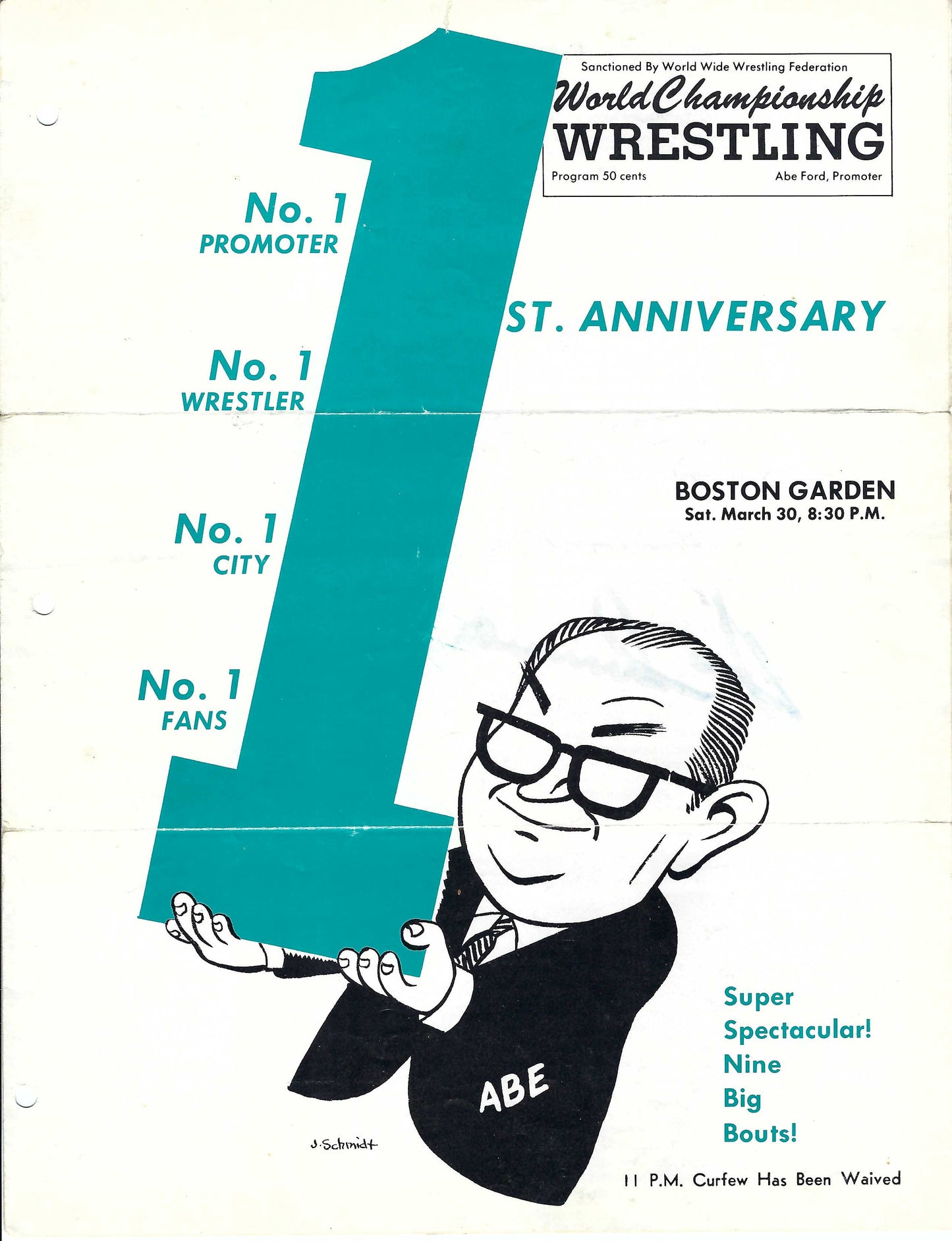 BG1  Collection of 5 Autographed Boston Garden Programs from 1960's Bruno Sammartino , George Steele , Killer Kowalski , Bb Orton Sr. w/COA