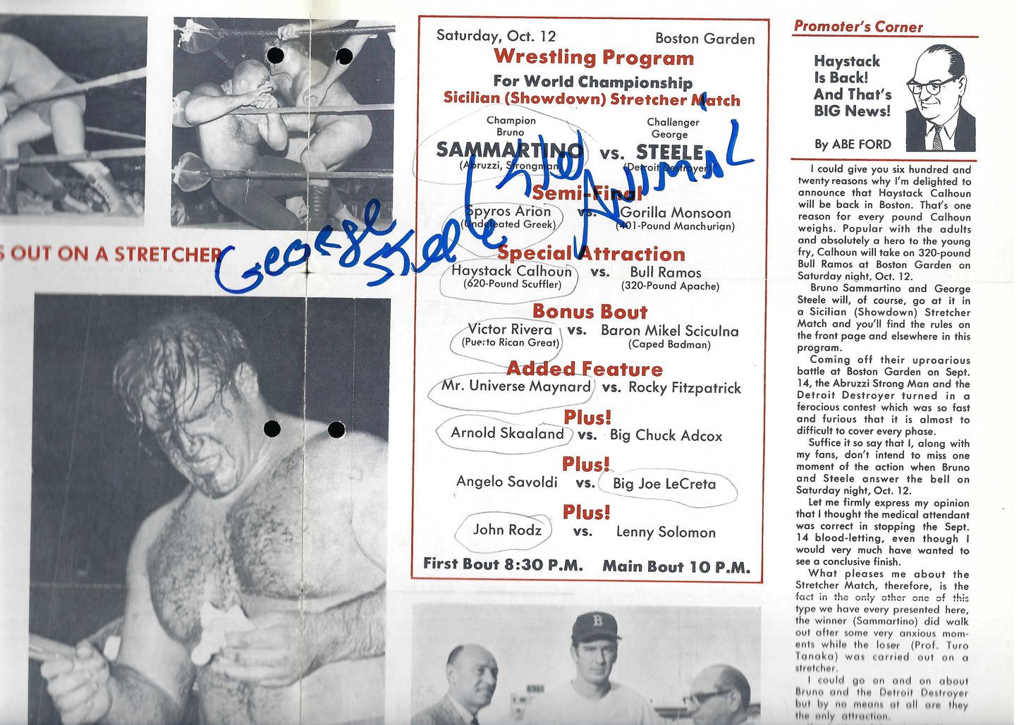 BG1  Collection of 5 Autographed Boston Garden Programs from 1960's Bruno Sammartino , George Steele , Killer Kowalski , Bb Orton Sr. w/COA