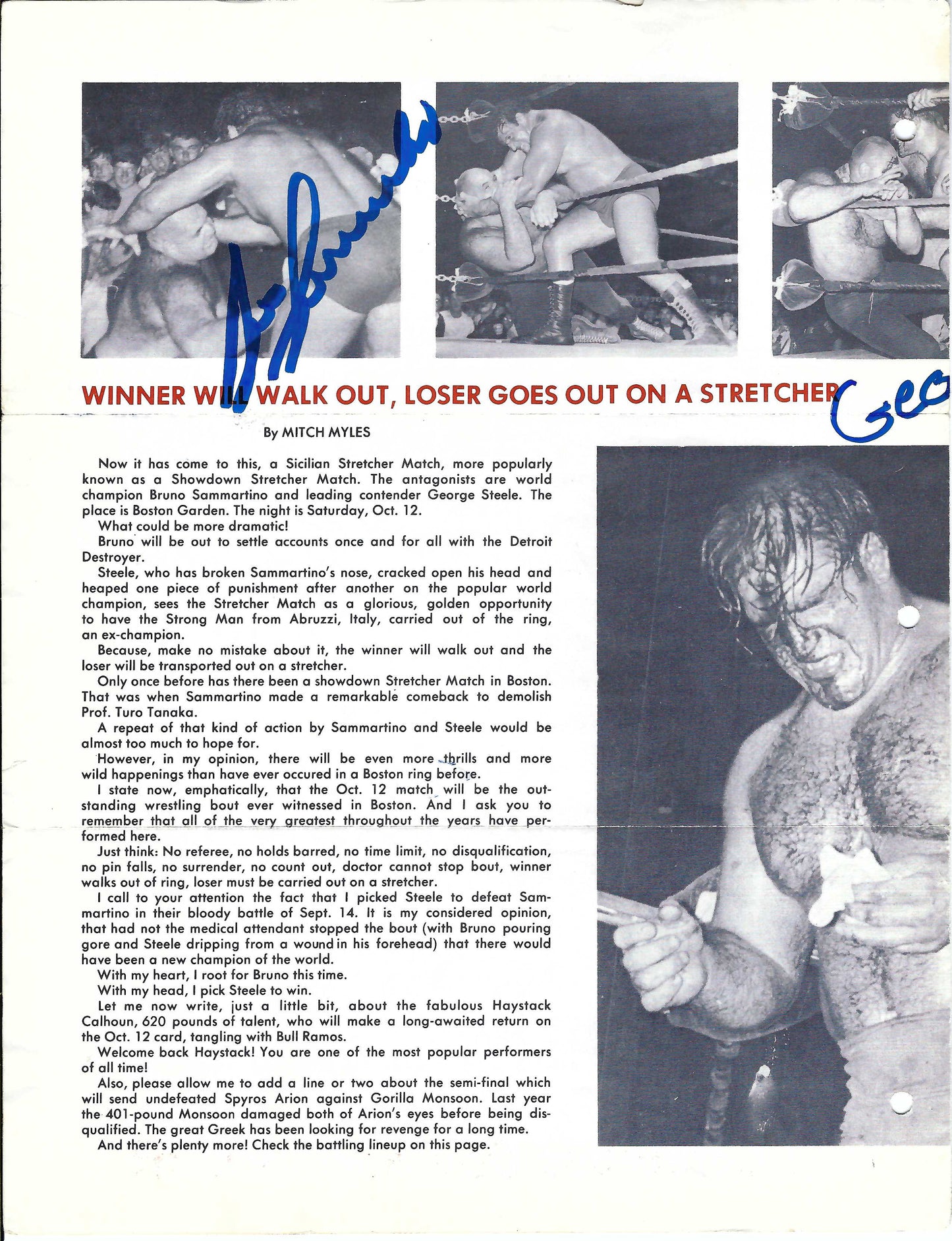 BG1  Collection of 5 Autographed Boston Garden Programs from 1960's Bruno Sammartino , George Steele , Killer Kowalski , Bb Orton Sr. w/COA