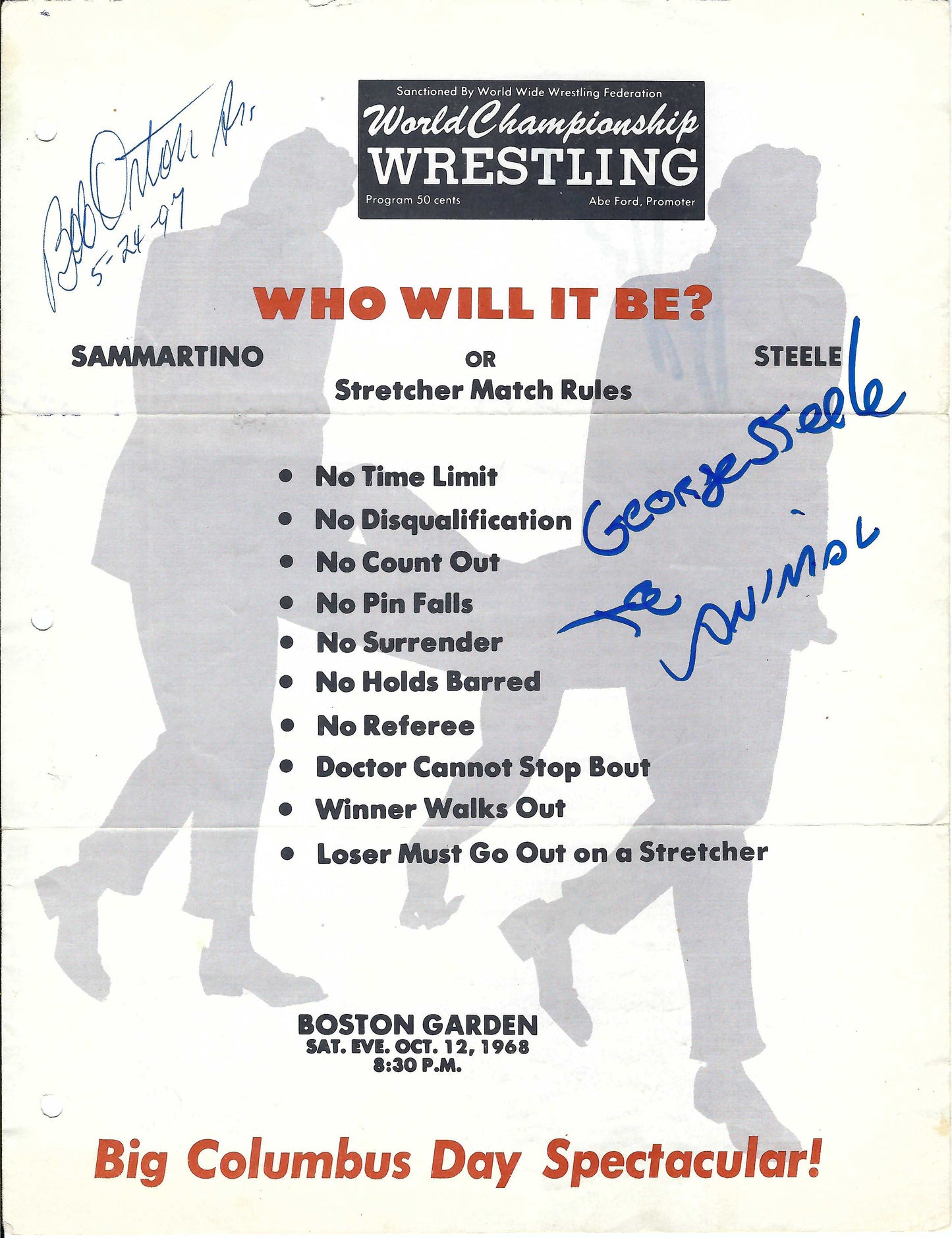 BG1  Collection of 5 Autographed Boston Garden Programs from 1960's Bruno Sammartino , George Steele , Killer Kowalski , Bb Orton Sr. w/COA