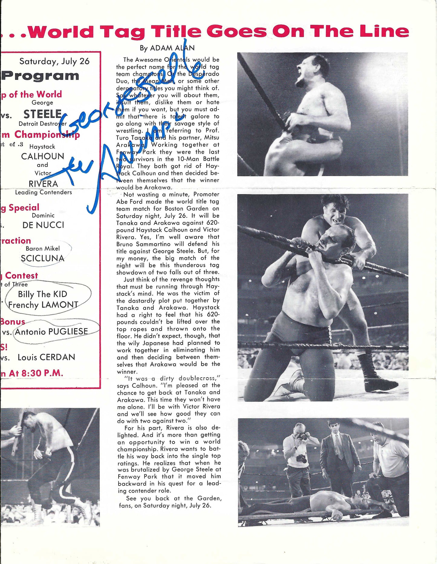 BG1  Collection of 5 Autographed Boston Garden Programs from 1960's Bruno Sammartino , George Steele , Killer Kowalski , Bb Orton Sr. w/COA