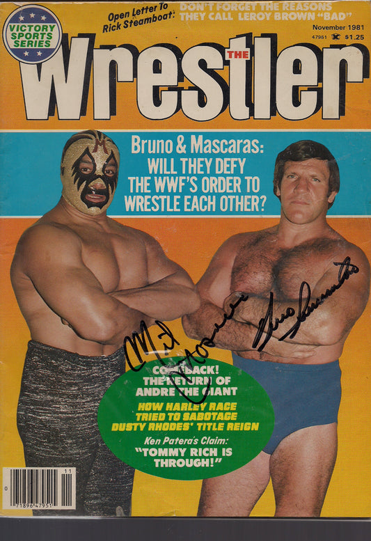 BRAM126  Bruno Sammartino (  Deceased ) Mil Mascaras Autographed vintage Wrestling Magazine and Poster w/COA