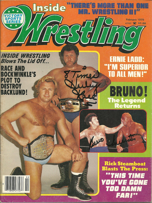 BRAM56  Bruno Sammartino Harley Race ( Both Deceased ) Autographed vintage Wrestling Magazine  w/COA