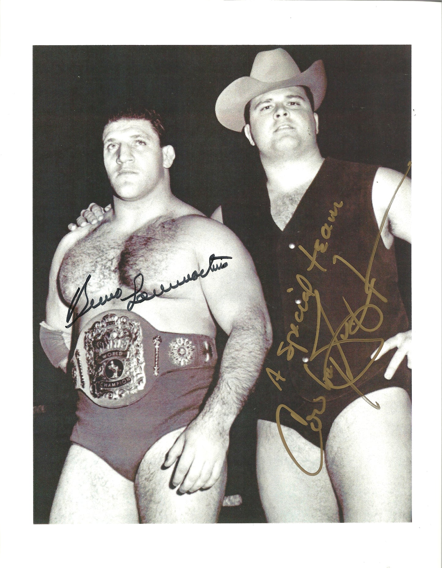 BW15  The Living Legend Bruno Sammartino ( Deceased ) Cowboy Bill Watts  Autographed Wrestling Photo w/COA