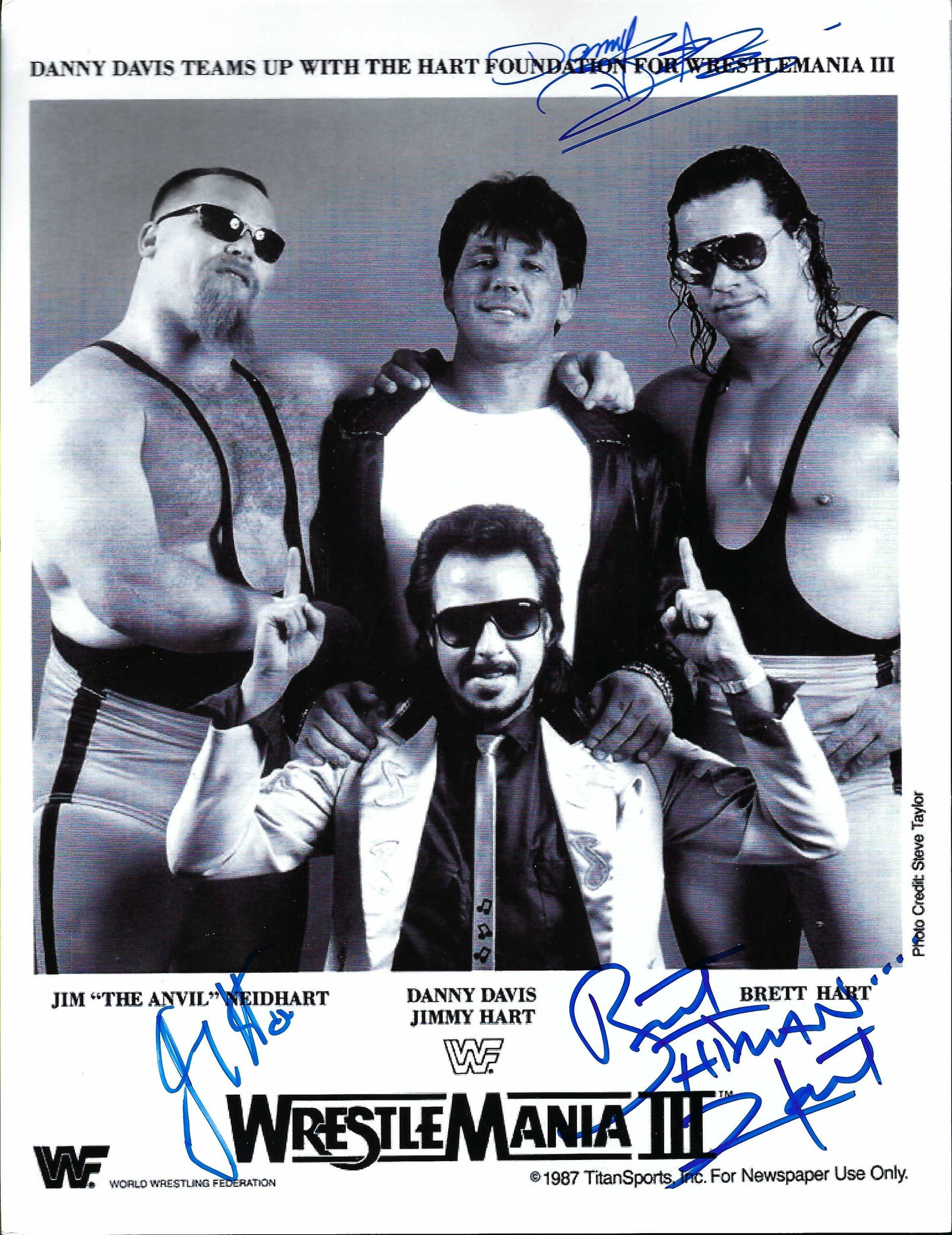 WM31  Original Wrestlemania III Autographed Promo Bret Hart , Jimmy Hart , Danny Davis w/COA