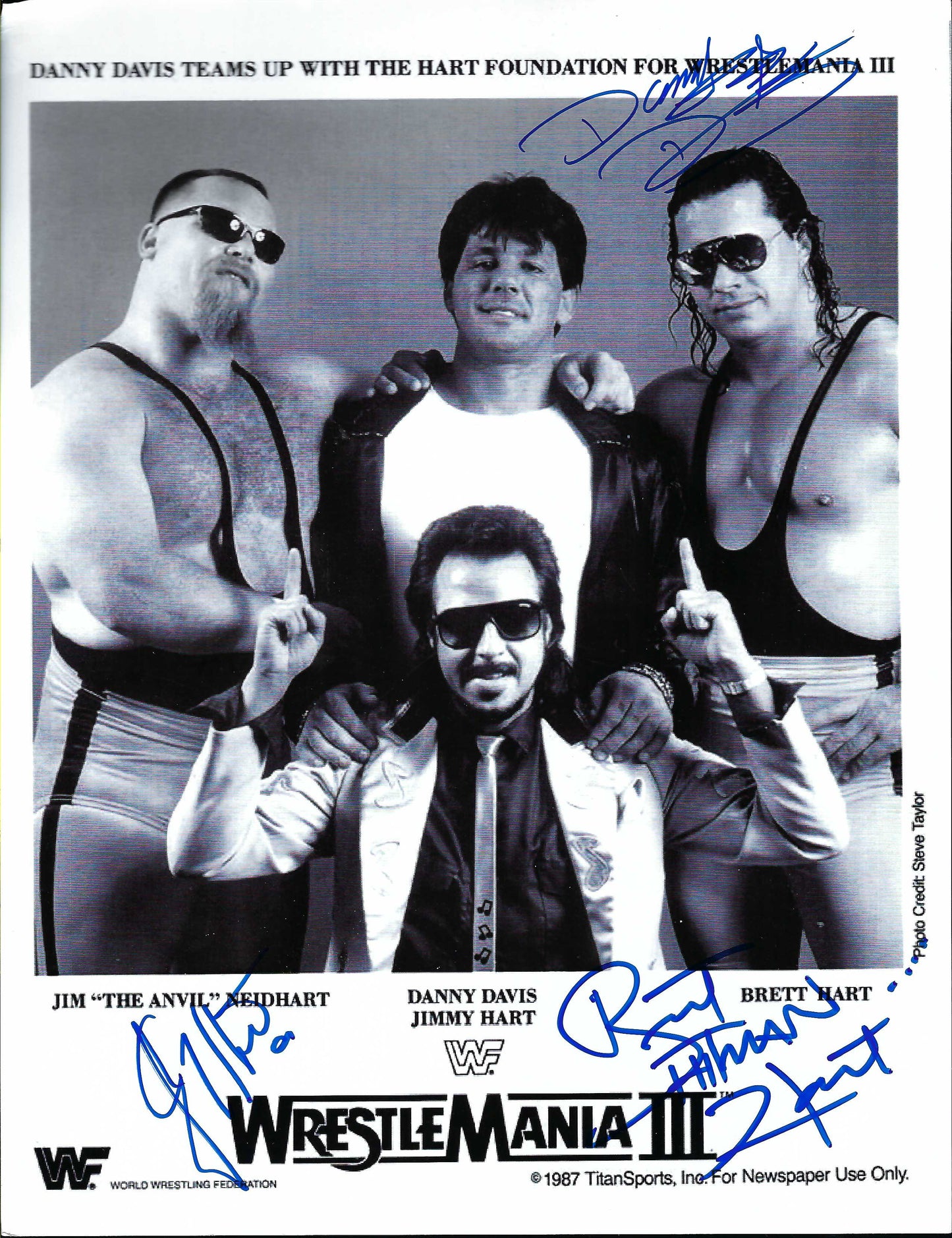 WM32  Original Wrestlemania III Autographed Promo  Bret Hart , Jimmy Hart , Danny Davis w/COA