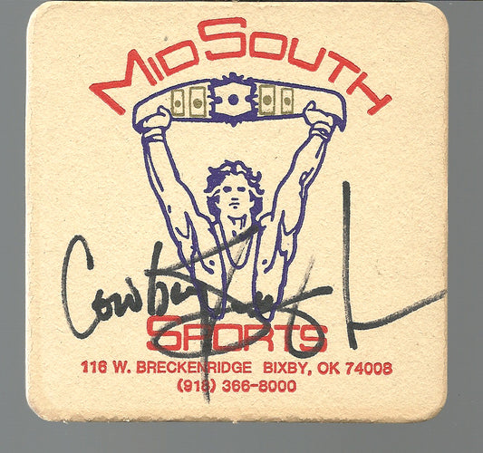 Cowboy Bill Watts Autographed Mid South Championship Wrestling Beer Coaster